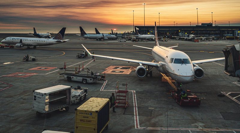 Freight aircraft on the apron at dusk